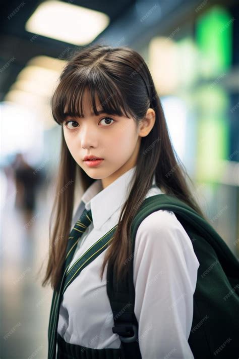 Premium AI Image | cute japanese schoolgirl in uniform downtown waiting