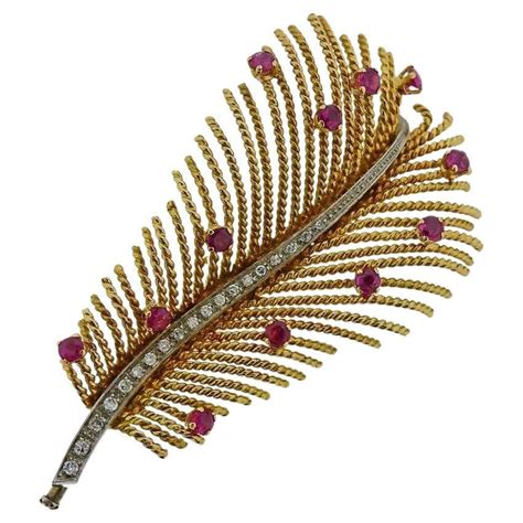 Gold Diamond Ruby Feather Brooch Pin For Sale At 1stdibs