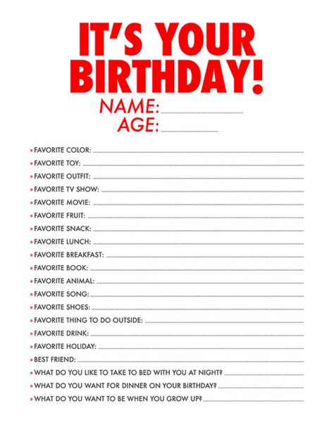 Free things on your birthday (discounts and coupons). Free Printable: Birthday Questions for Kids • Little Gold ...
