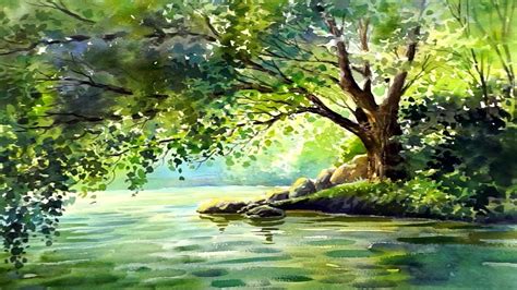 Tree Over A Lake Watercolor Landscape Painting Youtube