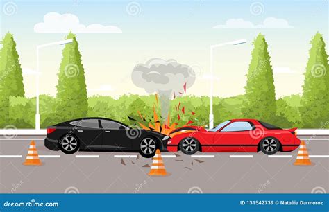 Vector Illustration Of Car Accident On The Road Two Cars Crash Car