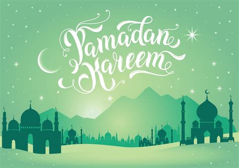 Ramadan Kareem Illustration With Mountains And Mosques On Green Colors