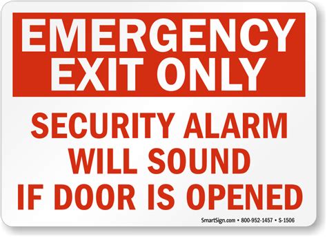 The emergency exit only alarm will sound sign can be purchased in either aluminum or plastic material. Emergency Exit Only Security Alarm Signs, Fire and ...