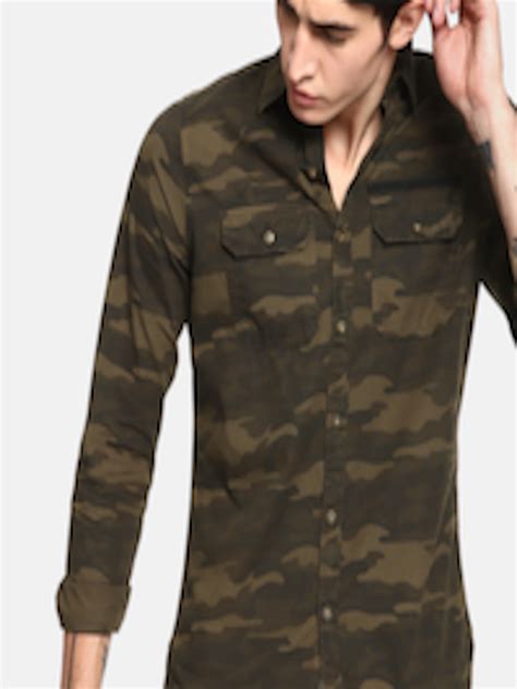 Buy Single Men Olive Green Slim Fit Printed Casual Shirt Shirts For