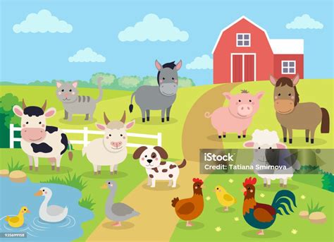 Farm Animals With Landscape Cute Cartoon Vector Illustration With Farm