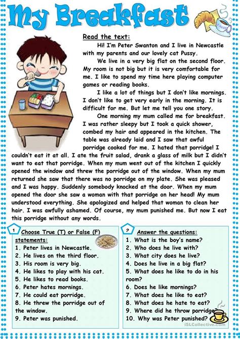 My Breakfast Reading Comprehension Activities Reading Comprehension