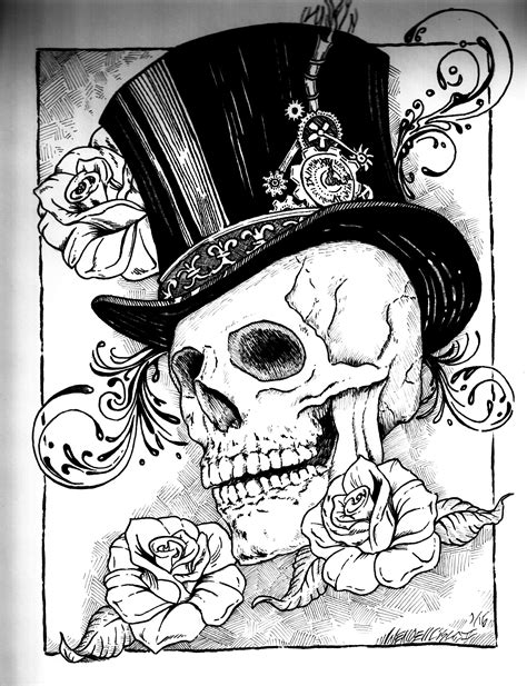 A Drawing Of A Skull Wearing A Top Hat With Roses On Its Side