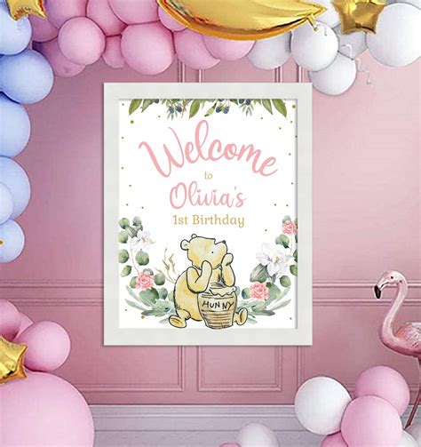 Winnie The Pooh Girl 1st Birthday Welcome Sign Winnie Pooh Etsy
