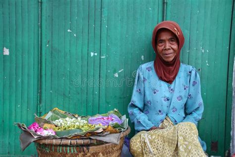 Old Indonesian Women Selling Various Colorful Flowers On The Street Market Editorial