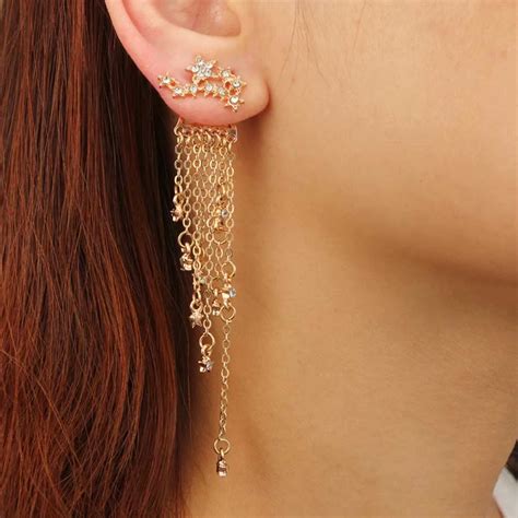 Women Dangle Earrings Crystal Star Long Tassels Drop Earring Jewelry