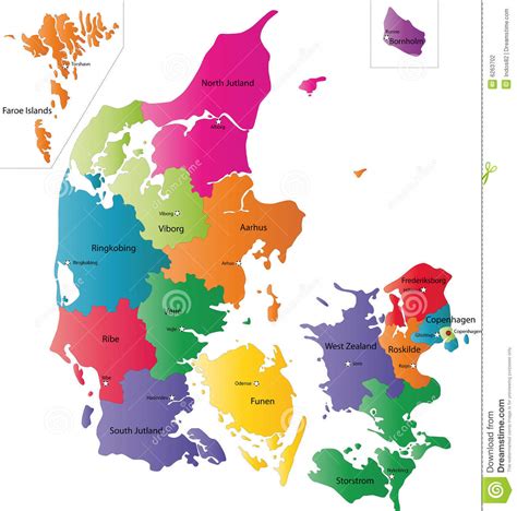 Dänemark hat eine staatsfläche von 43.094 quadratkilometer, die von zurzeit 5,3 millionen menschen belebt werden. Karte Von Dänemark Stockfotografie - Bild: 6263702