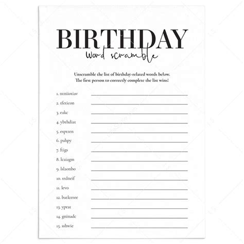 Black And White Birthday Word Scramble Game Printable By Littlesizzle