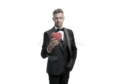 Generous Man Man Mature Handsome Guy Wear Elegant Suit Hold Red Heart Valentines Day