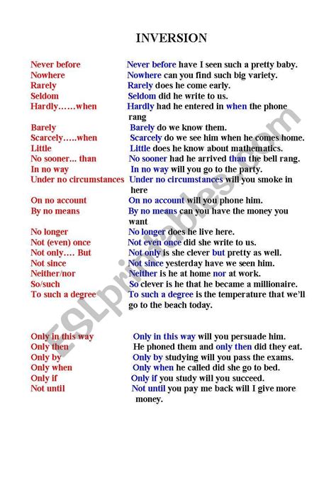Examples Of Inversion Worksheet Advanced English Grammar English