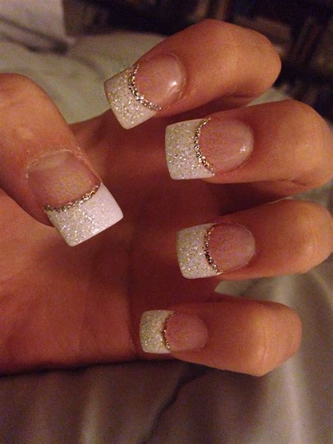 Glitter White Acrylic Tips With Silver Accent Glitter White French
