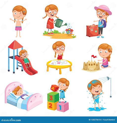 Vector Illustration Set Of Little Girl Daily Routines Stock Vector