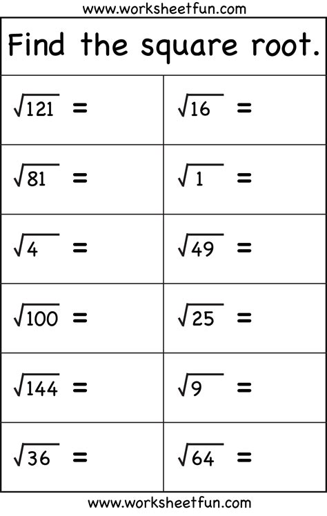 Square Root Numbers Worksheet