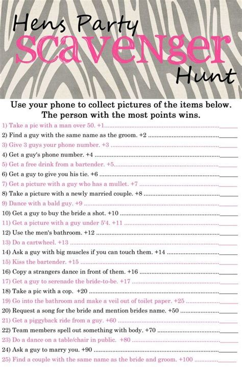 instant download bachelorette party or hens party game scavenger hunt pink zebra funny