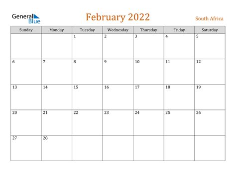 February 2022 Calendar South Africa