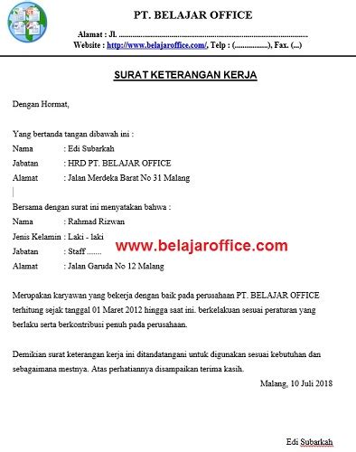 Contoh Surat Keterangan Kerja Di Perusahaan