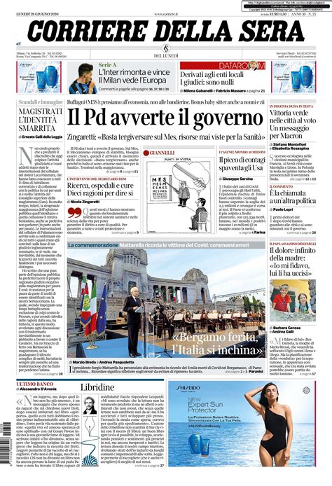 Notizie Di Oggi Prima Pagina Del Corriere Della Sera Del 29 Giugno