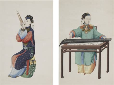 1092 Two Painting Of Ladies Playing Musical Instruments Qing Dynasty