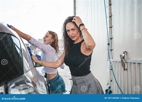 Two Hot Beautiful Model Girls Wash Their Car Stock Image Image Of