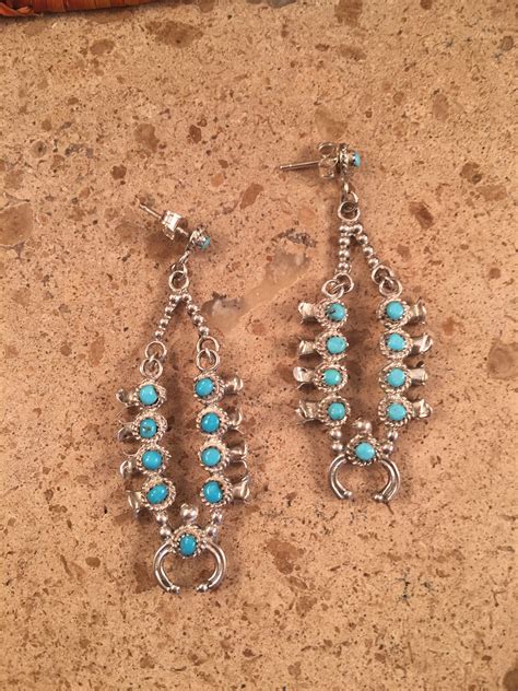 Vintage Zuni Turquoise And Sterling Silver Squash Blossom Dangle