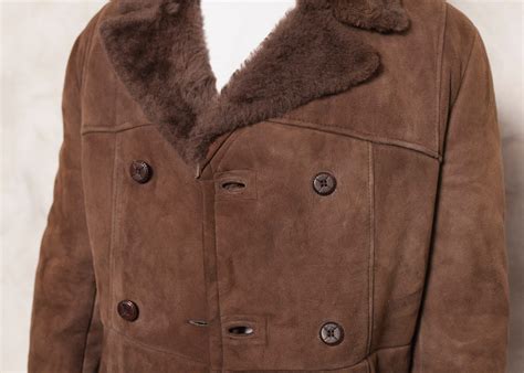 Sheepskin Pea Coat 80s Vintage Shearling Coat Men Suede Winter Coat