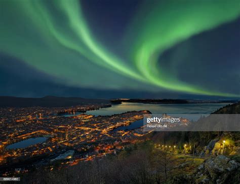 Northern Lights Aurora Borealis Over Harbor Of Bergen City