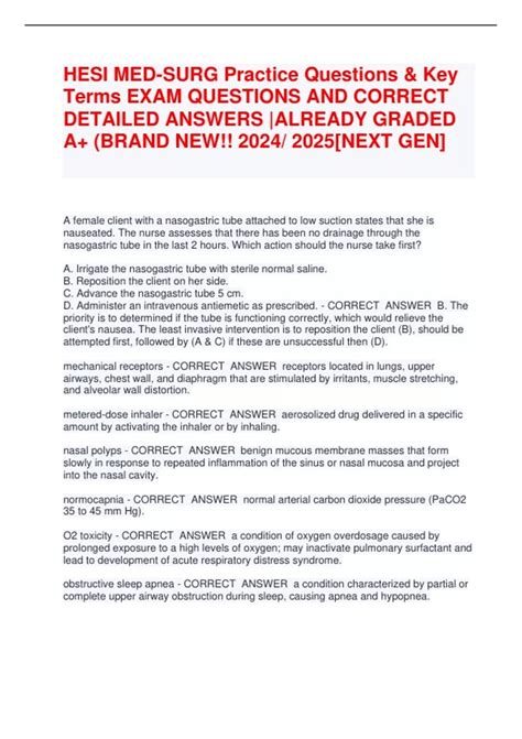 HESI MED-SURG Practice Questions & Key Terms EXAM QUESTIONS AND CORRECT