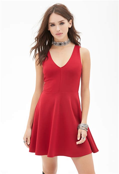 Forever 21 Classic Fit And Flare Dress In Red Lyst