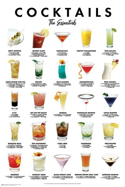 Essential Cocktails For Bartenders Poster 25 Classic Mixed Drinks