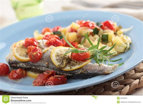 Baked Sea Bass With Vegetables Stock Image Image Of Food Prepared 25595201