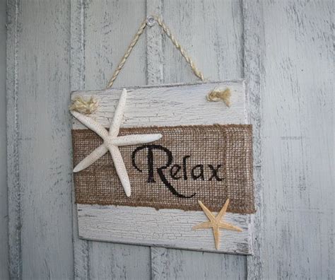 Large beach wall art 8 3/4 x 10 3/4 inch cottage chic set of beach decor, coastal decor, nautical decor, white sea glass blue burlap. RELAX Beach Burlap Sign with Starfish - Tropical Decor - Beach Sign