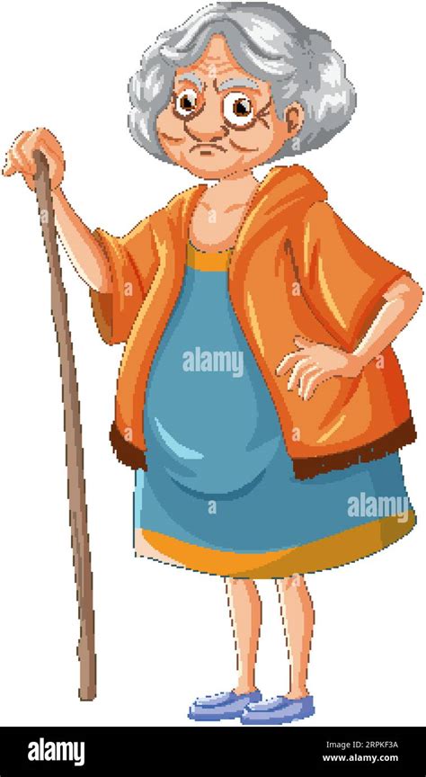 Grumpy Old Woman Cartoon Character With Woody Stick Illustration Stock