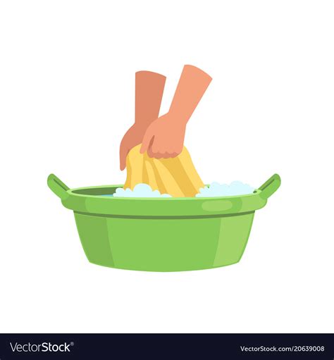 Washing Clothes In Green Basin By Hands Cleaning Vector Image