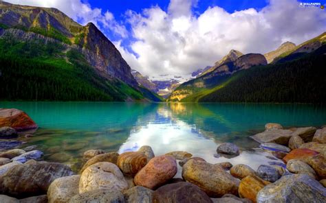 Mountains Clouds Stones Lake For Desktop Wallpapers 1920x1200