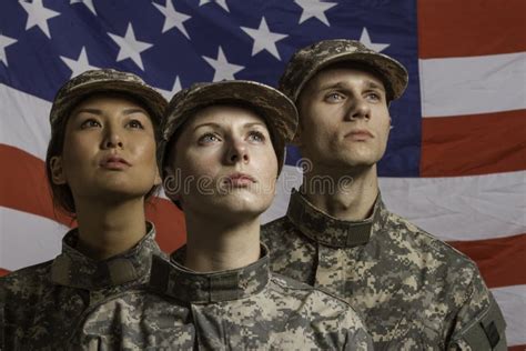 Three Soldiers Posed In Front Of American Flag Horizontal Stock Image Image Of Shot Person