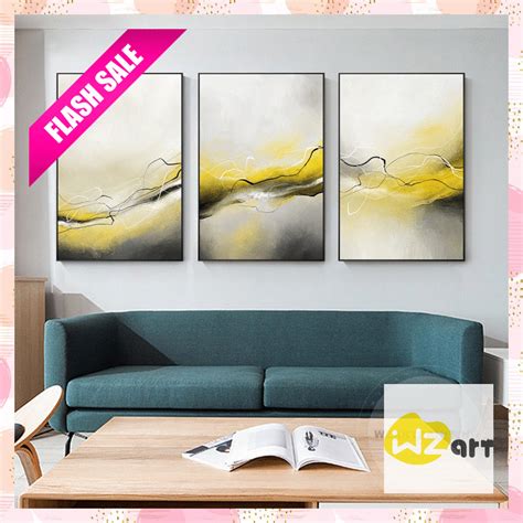 Set Of 3 Prints Framed Wall Art Modern Abstract Black White Line Yellow