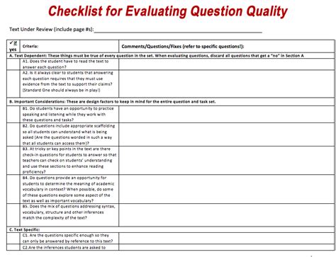 checklist for evaluating question pdf contains fields quality a text dependent b