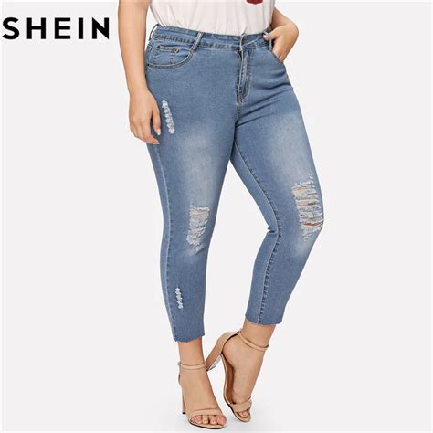 shein blue ripped plus size skinny casual women jeans 2018 autumn new stretchy faded wash hem