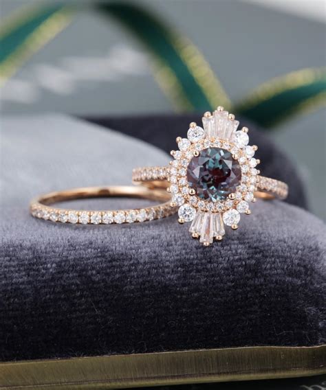 Unique Engagement Ring Set Vintage Alexandrite Engagement Ring Rose