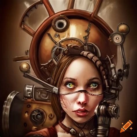 Steampunk Girl Merged With Machine Illustration