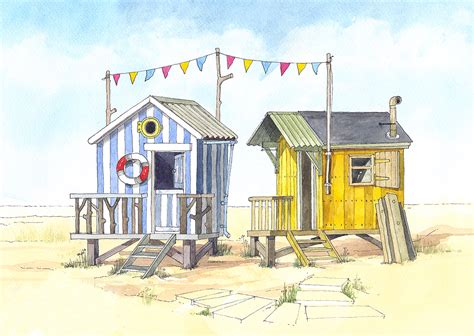 Beach Huts And Bunting Seaside Art Print By Seaside Emporium