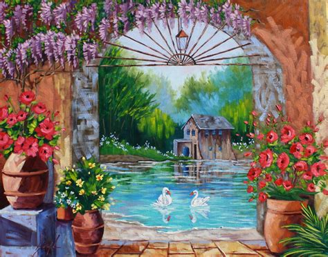 Huge Original Scenic Landscape Art Oil Painting Barn Swan