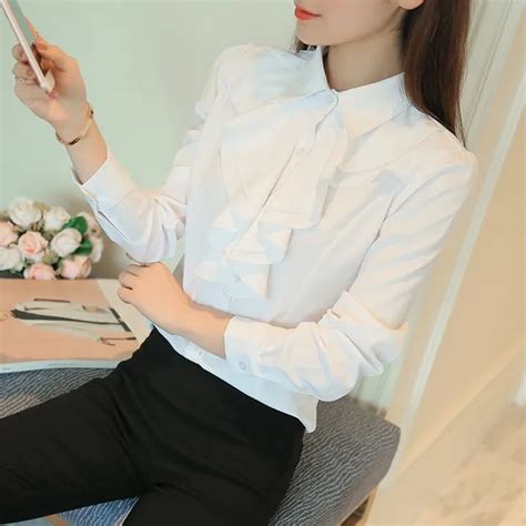 2017 Korean Style Ladies Office Work Wear Blouse Women Fashion Elegant Ruffles Long Sleeve White