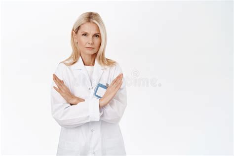 Dont Do That Concerned Serious Mature Woman Doctor Showing Prohibition Stop Gesture