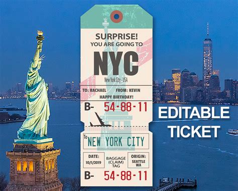New York Surprise Trip Ticket, Editable Ticket, Printable Ticket
