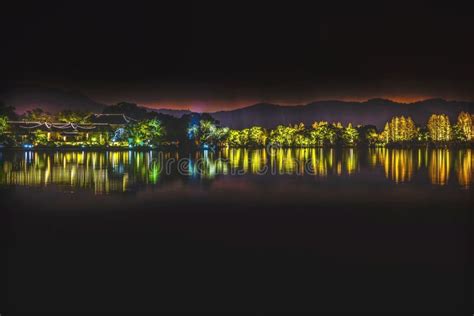 Illuminated West Lake Reflection Night Lights Hangzhou Zhejiang China